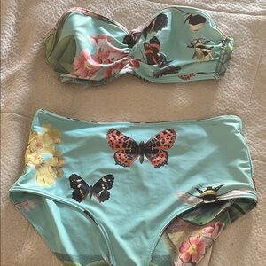 Modcloth Floral and Butterfly Print Bikini - Aqua